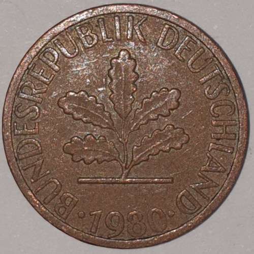 1980 J - 1 PFENNIG - ONE PFENNIG - GERMANY - FEDERAL REPUBLIC - (Copper Plated Steel)